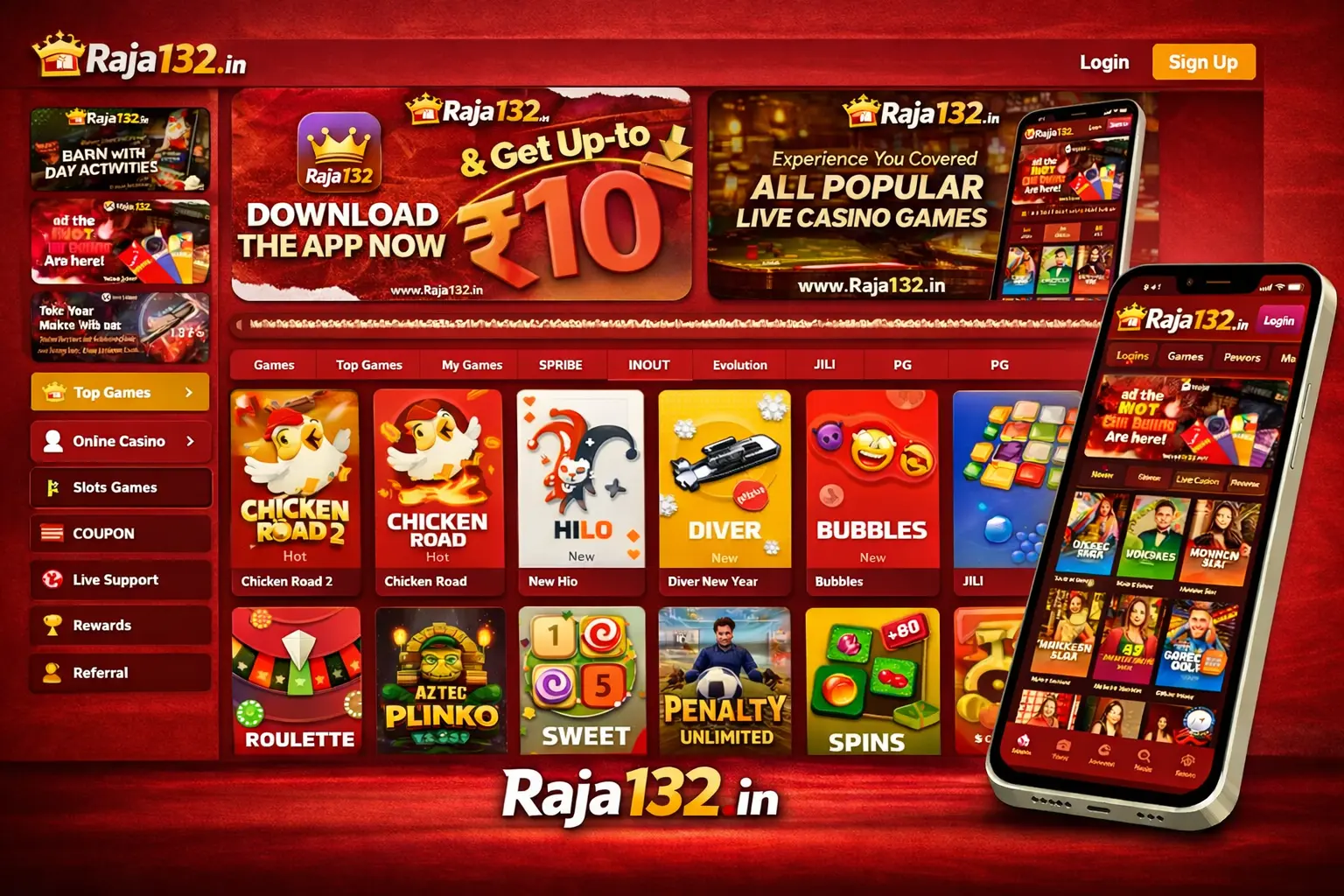 Section casino en ligne de RAJA 132° avec machines à sous et jeux en direct